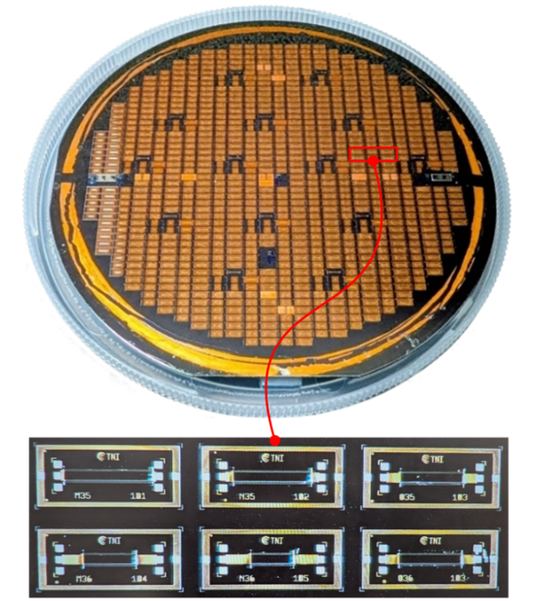 Full inductor fabrication wafer with hundreds of inductors fabricated on and the zoom-in photo for an example inductor coupon.